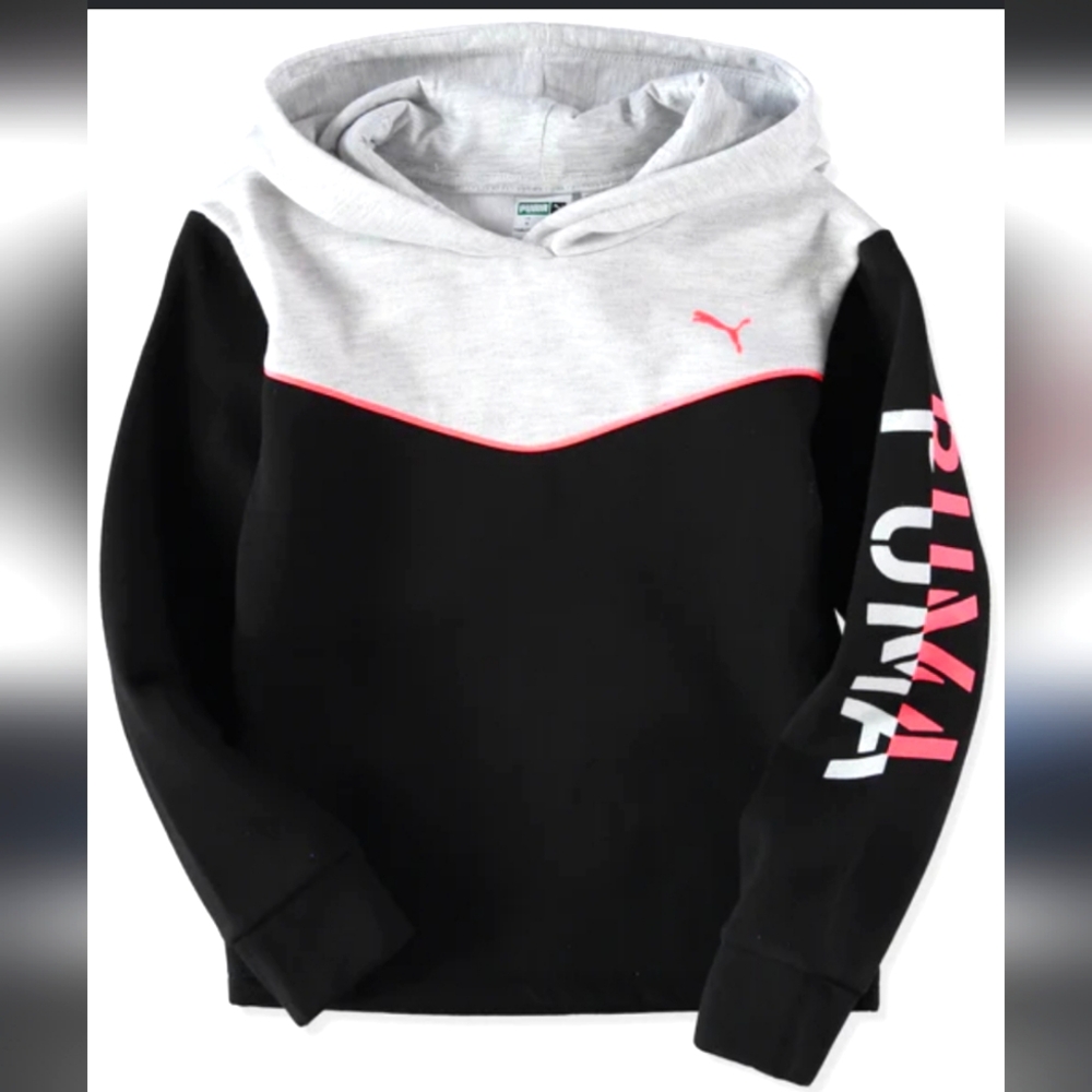 Puma youth Hoodie black and light gray with neon pink and glitter accents